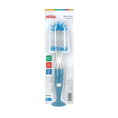 Vista 8 de Nuby Cepillo para botella de cerdas suaves y duraderas con asas texturizadas y base de succión, sistema 2 en 1, color azul