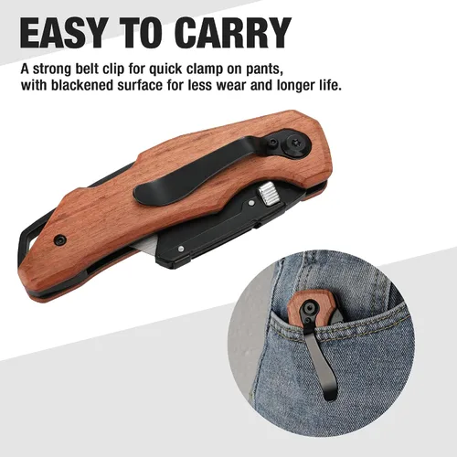 Vista 5 de WORKPRO Cuchillo utilitario plegable con cabeza de acero inoxidable, hoja de cambio rápido y bloqueo trasero, mango de madera resistente, 1 cuchillo
