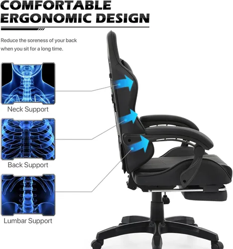 Vista 5 de MoNiBloom Silla de juegos de computadora con reposapiés y soporte lumbar, silla de carreras ergonómica de altura ajustable para adultos