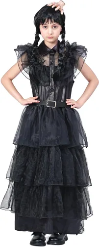 Vista 4 de Disfraz de Miércoles Vestido de tul para niñas, disfraces de Halloween, cosplay, escenario, espectáculo, fiesta
