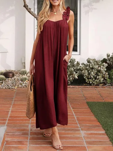 Vista 4 de MIEAZOM Enterizo sin mangas de pierna ancha para mujer, estilo casual, con volantes, tirantes delgados, elásticos, holgados, pantalones largos