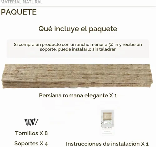 Vista 8 de TWOPAGES Persianas romanas de bambú tejido natural sin taladrar para Ln02 Almendra