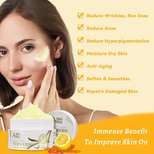 Vista 2 de ANAI RUI Crema facial de cúrcuma con vitamina C, 1.76 onzas Hidratante facial para hidratar, reafirmar, tensar la piel, crema de cúrcuma