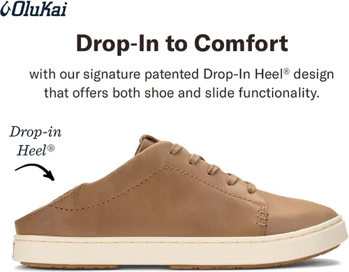 Vista 5 de OLUKAI Pehuea Li 'ili - Tenis de cuero para mujer, zapatos casuales para uso diario con tacón caído, suela de goma que no deja marcas, ajuste cómodo