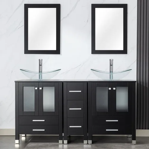 Vista 29 de LUCKWIND 60" Double 24" Bathroom Vanity with Sink Combo, Elegant Series with One 12.6-in Side Cabinet, Painted Frame, Including Tempered Glass Round