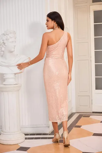 Vista 6 de GRACE KARIN Vestido de lentejuelas sin mangas con un hombro para mujer, vestido cruzado con purpurina brillante, vestido largo de cóctel de boda