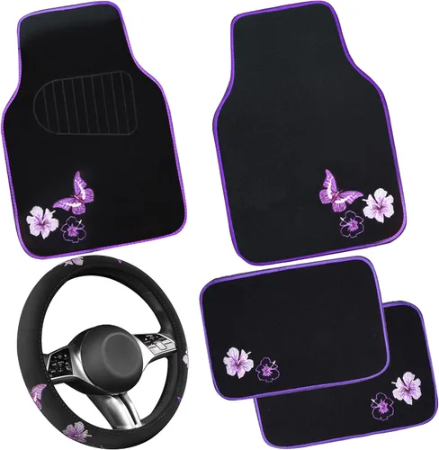 Vista 10 de CAR PASS Juego de fundas universales para asiento delantero de automóvil, diseño de flores bordadas, impermeables, fundas para volante, mariposa