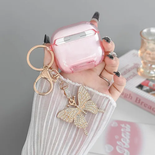 Vista 5 de Bonita funda rosa para Airpods de 4 generación con cerradura y llavero de mariposa brillante para mujeres femeninas, funda rígida transparente única