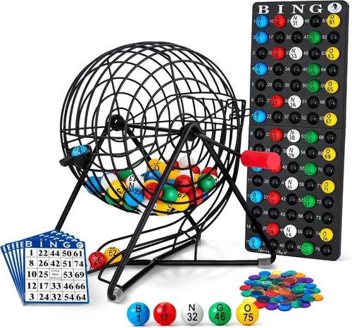 Vista 10 de MR CHIPS Juego de bingo profesional de 11 pulgadas de alto con jaula de acero, bolas eternas de 7/8 pulgadas, tablero maestro para bolas, color 3