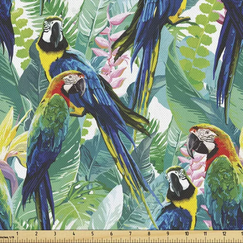 Vista 11 de Lunarable Tela tropical de The Yard, composición de dibujos animados de cocos, plátanos y flores, tela decorativa para tapicería y detalles