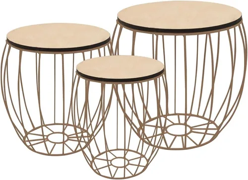 Vista 2 de Juego de 3 mesas redondas de café, mesa extraíble y base de metal con cesta de almacenamiento, mesa apilable para sofá, mesa de cóctel, mesa