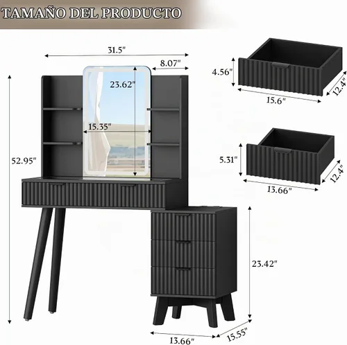 Vista 7 de Escritorio de tocador con espejo iluminado HD y luces, pequeño tocador de maquillaje acanalado con cajones y estantes de almacenamiento, juego