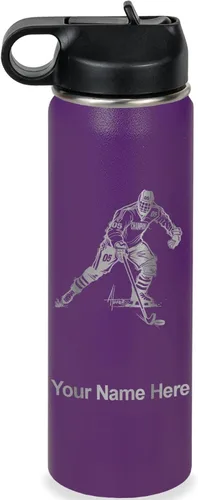 Vista 42 de LaserGram Botella de agua personalizada, jugador de hockey, acero inoxidable de doble pared aislada al vacío con popote superior, regalo grabado
