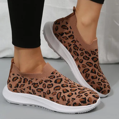Vista 2 de Tenis de moda con estampado de leopardo para mujer, parte superior de malla elástica, transpirables, cómodos y ligeros, mocasines y sin cordones