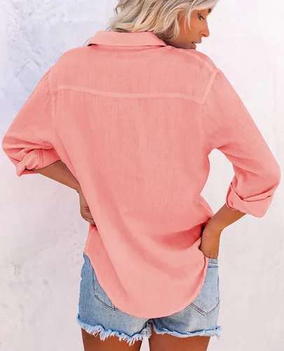 Vista 3 de siliteelon Womens Button Down Shirts Cotton Dress Shirts Long Sleeve Blouses V Neck Solid Casual Tunics Tops with Pockets