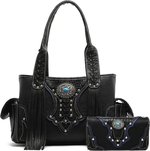 Vista 8 de Estilo occidental vaquera tejida con flecos de cocodrilo magnífico monedero conchos Tote Country Women bolso bolso hombro cartera conjunto 1 juego