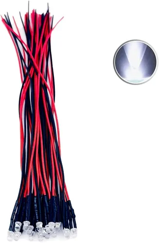 Vista 34 de 30 piezas de luces LED de 12 voltios de 3mm con parte superior plana verde, diodos emisores de luz precableados, lente de agua transparente de 7.9