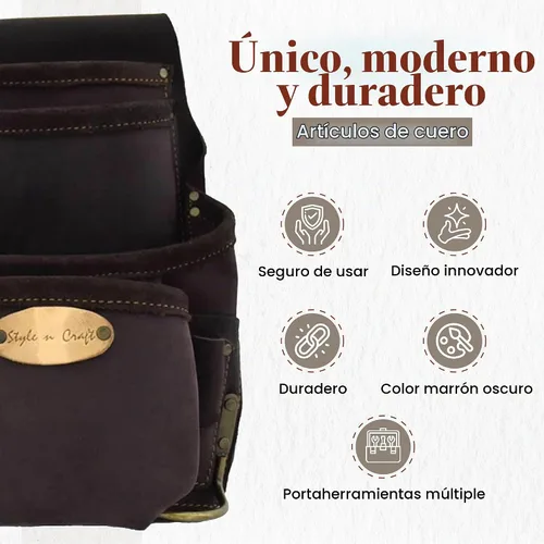 Vista 4 de Style n Craft Bolsa de herramientas y uñas de carpintero de 10 bolsillos, bolsa de herramientas de cuero resistente, perfecta y duradera, bolsa