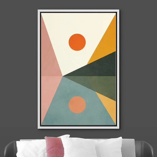 Vista 2 de bestdeal depot Lienzo enmarcado para pared, arte geométrico de sol y montaña, reflejo del mar, naturaleza, ilustraciones de área silvestre, arte