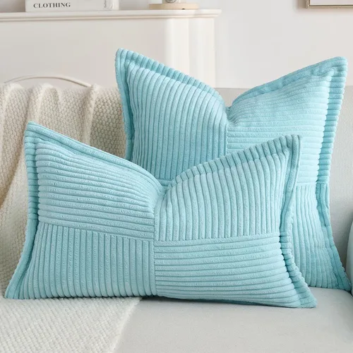 Vista 6 de HAUSSY Paquete de 2 fundas de almohada de 16 x 16 pulgadas, fundas decorativas de pana suave, estilo bohemio, a rayas, sólidas, decoración