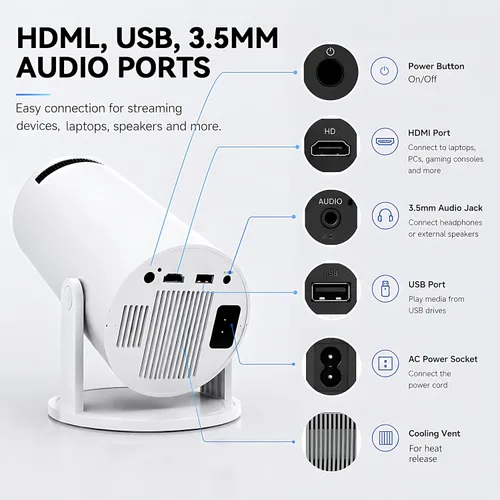 Vista 5 de Mini proyector HY300 Pro, proyector portátil Android 13 con WiFi y Bluetooth, compatible con video 4K, Keystone automático, rotación de 180°