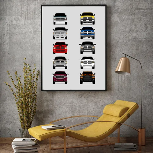 Vista 5 de Custom Car Posters Póster hecho a mano compatible con Dodge Ram Pickup Truck Generations e impresión de Ram 1500 2500 3500 – Multi, impresión