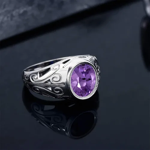 Vista 4 de Gem Stone King Anillo de piedra natal ovalada para hombre 925 plata esterlina Oval 12X10MM Disponible en tallas 7, 8, 9, 10, 11, 12, 13 Púrpura
