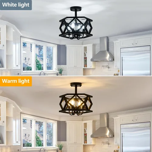Vista 3 de Lámpara de Techo Semiempotrada Negra, Accesorio de Iluminación Moderno para Vestíbulo, Lámpara de Techo de Metal de 4 Luces, Pequeña Lámpara