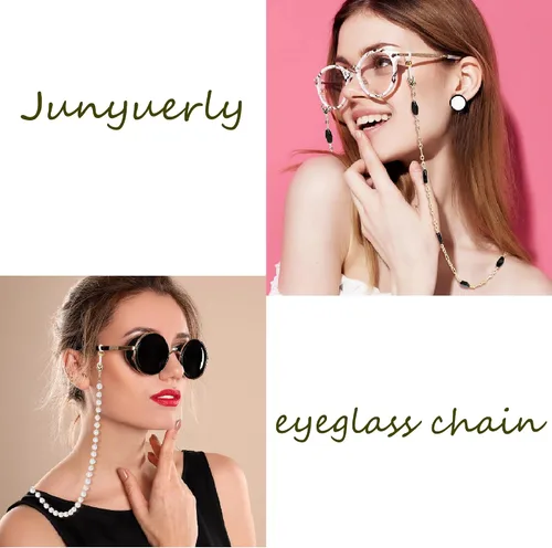 Vista 5 de Junyuerly Cadenas de gafas para mujer, con estilo de perlas doradas, correa para gafas, collar alrededor del cuello