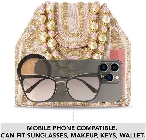 Vista 2 de Aheli Potli - Bolsas de noche para mujer, bolso de mano étnico para novia con cordón (P59C), Oro Rosa