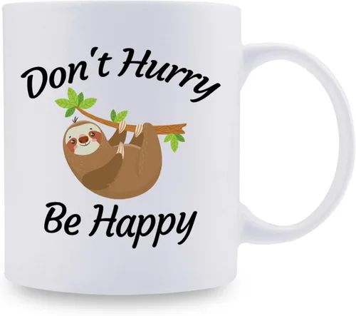 Vista 2 de aiyaya Taza de café con texto en inglés "Don't Hurry Be Happy Sloth - Bonita taza de café de perezoso de 11 onzas – Regalos de cumpleaños de Navidad