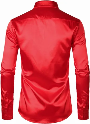 Vista 2 de ZEROYAA Camisas de vestir con botones de satén de seda brillante de lujo para hombre
