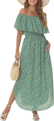 Vista 3 de Sarin Mathews - Vestido de fiesta para mujer, estilo casual largo hasta los tobillos, con volantes, hombros descubiertos, abertura lateral