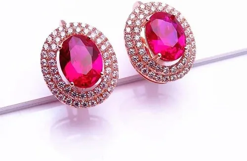 Vista 3 de SAGEKING 2024 New 585 Purple Gold Plated 14K Rose Gold Inlaid Oval Ruby Earrings For Women Elegant Hollow Crystal Charm High Jewelry Gift Fashion