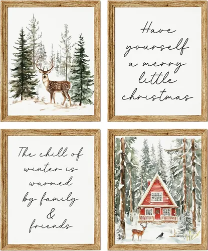 Vista 9 de LKETW Póster vintage de impresiones navideñas de invierno sin marco, juego de 4 unidades de 8x10 pulgadas, decoración de pared rústica de Papá Noel