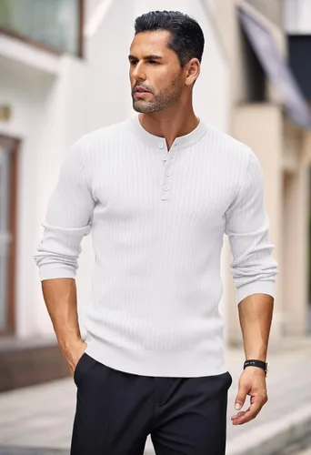 Vista 52 de COOFANDY Suéter de punto Henley para hombre, manga larga, con botones, ligero, para otoño, ajustado, acanalado