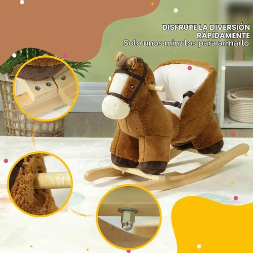 Vista 6 de Qaba Caballo mecedor para bebé con base de madera de sonido, edades de 18 a Mecedora de animales de peluche, cinturón de seguridad