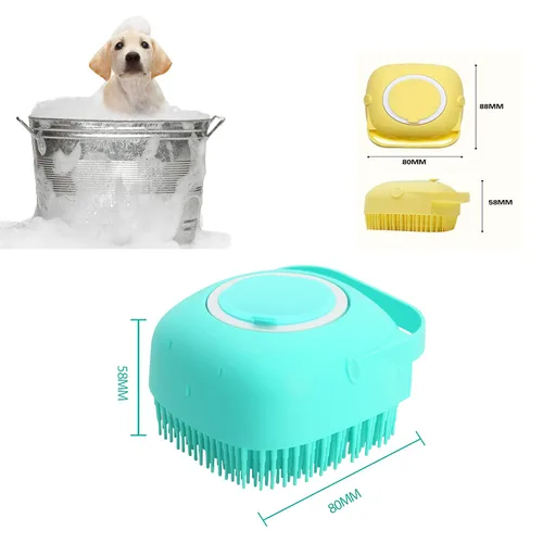 Vista 2 de Cepillo de masaje de baño para aseo de mascotas con dispensador de jabón y champú, cerdas de silicona suave para perros de pelo corto y largo y Azul