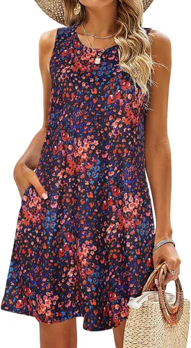 Vista 19 de SimpleFun - Vestidos de verano para mujer, camiseta floral, vestido de playa de estilo bohemio, informal, con bolsillos y sin mangas