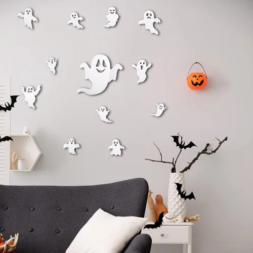 Vista 3 de Decoración de pared de fantasmas de Halloween, 12 calcomanías de fantasmas 3D para decoración del hogar de Halloween, calcomanías de fantasma blanco