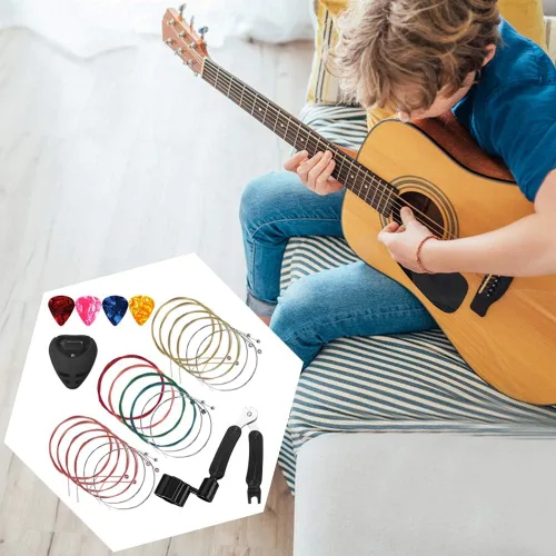 Vista 7 de Paquete de 3 cuerdas de guitarra acústica (oro, latón, multicolor) con púas de guitarra de celuloide, kit de bobinadora de cuerdas