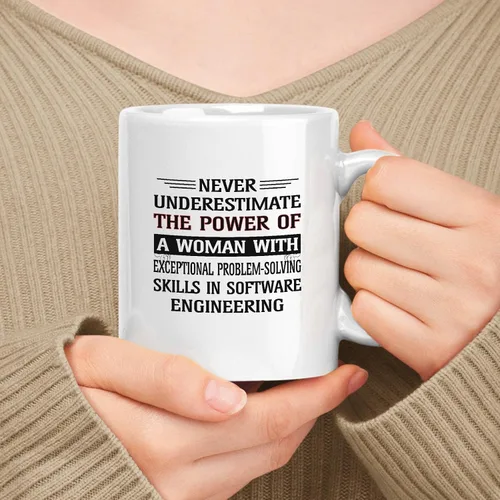 Vista 72 de Taza de cerámica blanca de 11 oz de regalo para mujer, nunca subestimes el poder de la mujer con talento para un diseño de software escalable