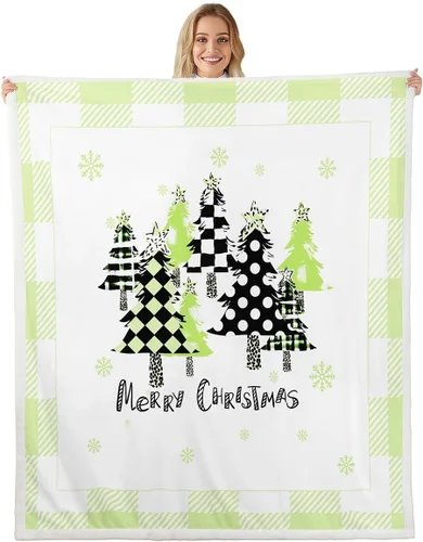 Vista 11 de Manfei Manta de Navidad con árbol de Navidad, muñeco de nieve, copo de nieve, para decoración de habitación de niños y niños, manta de rayas blancas