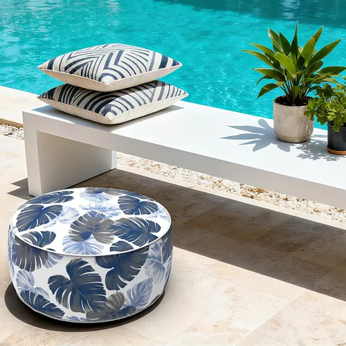 Vista 6 de LVTXIII Otomana inflable para interiores y exteriores, reposapiés redondo, 21 pulgadas de diámetro x 9 pulgadas de alto, todo clima, portátil, Hojas