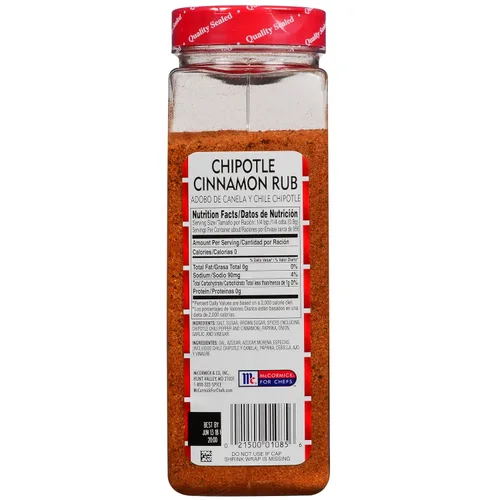 Vista 9 de Lawry's Chipotle Cinnamon Rub, 27 onzas – Un recipiente de 27 onzas de Chipotle Cinnamon Rub hecho de chile chipotle, canela y pimentón perfecto