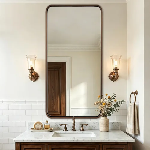 Vista 24 de Espejo de latón para baño, espejo rectangular redondeado de 22x30 pulgadas con marco de metal cepillado dorado, espejo de tocador de baño sin