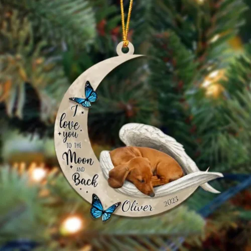 Vista 129 de Adorno colgante personalizado de ángel durmiendo en la luna, perro sabueso afgano, nombre personalizado, acrílico impreso en 2D plano – cumpleaños