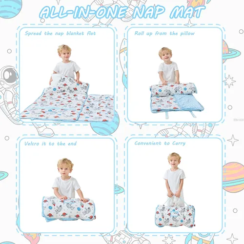 Vista 5 de Lasoftan Tapete para siesta para niños con almohada y manta, tapetes enrollados extra grandes para siestas, bolsas de dormir para niños y niñas