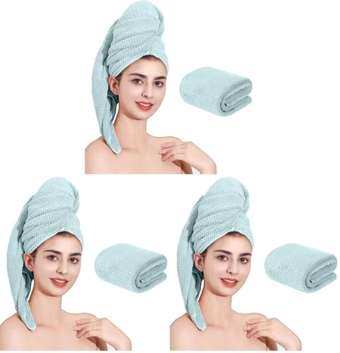 Vista 19 de Toalla de microfibra para el cabello de secado rápido, toallas de secado de pelo, adecuadas para todo tipo de cabello, ultra absorbente, cabello Azul