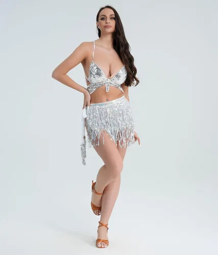 Vista 3 de ASAHEL Falda de lentejuelas Mardi Gras disfraz para mujeres y niñas, disfraz de vaquera espacial para rave, brillante danza del vientre
